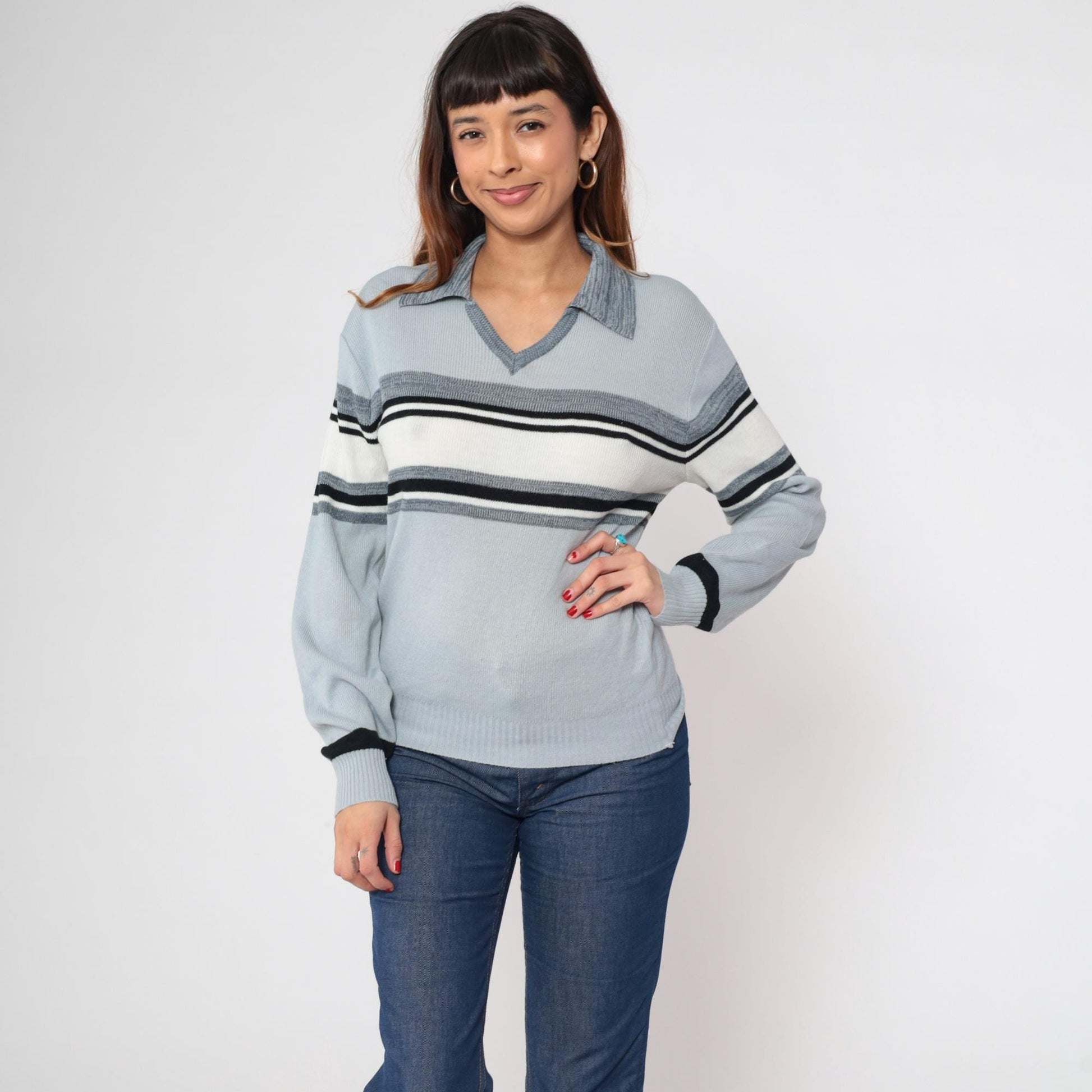 70s Blue Grey Striped Knit Sweater Collared V-Neck Small