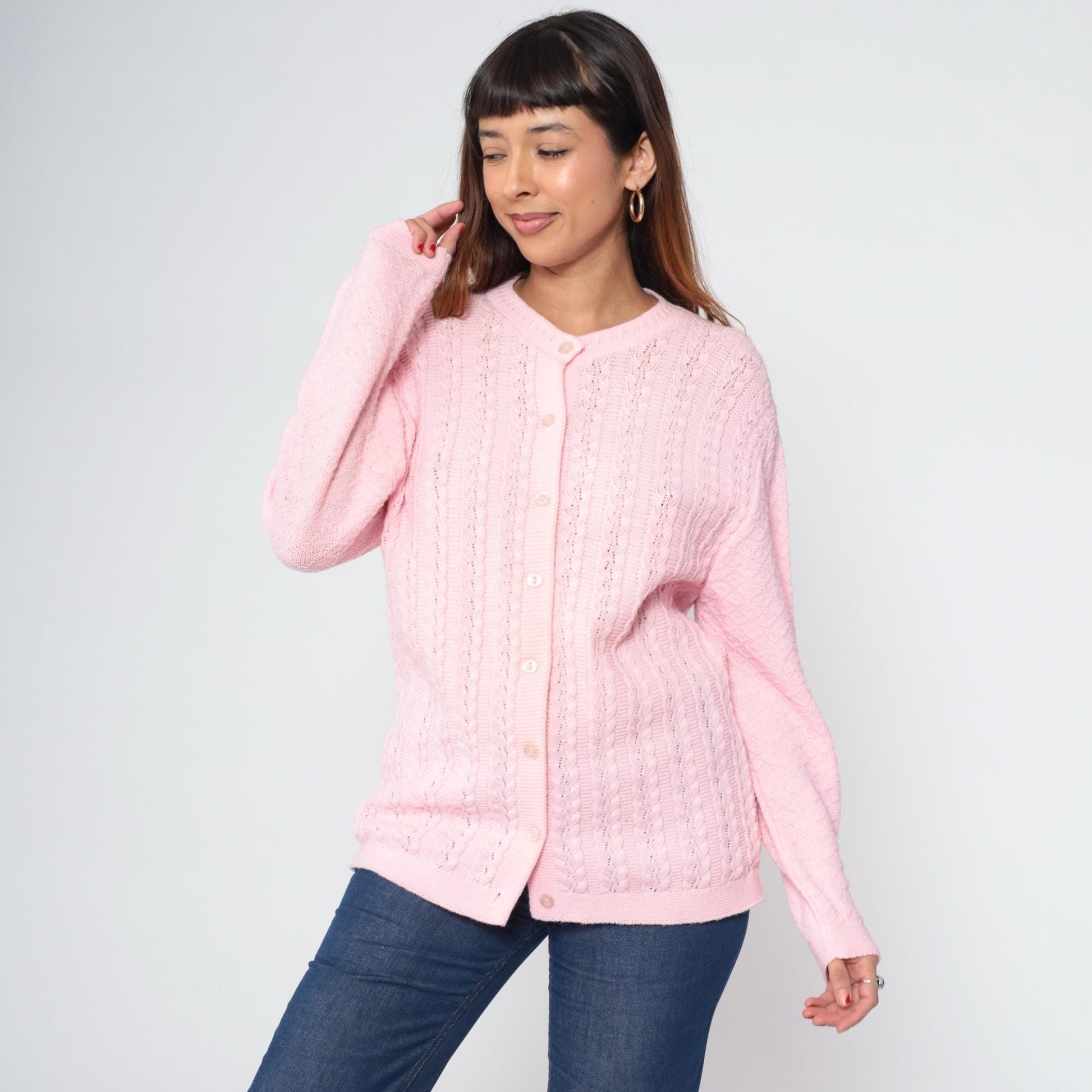 70s Baby Pink Pointelle Cardigan Button-Up Knit Sweater Medium