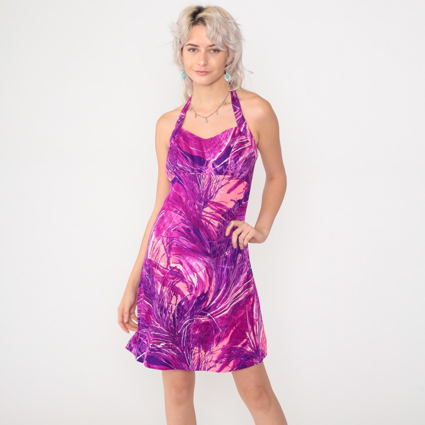 70s Purple Magenta Abstract Halter Mini Dress Empire Waist Extra Small