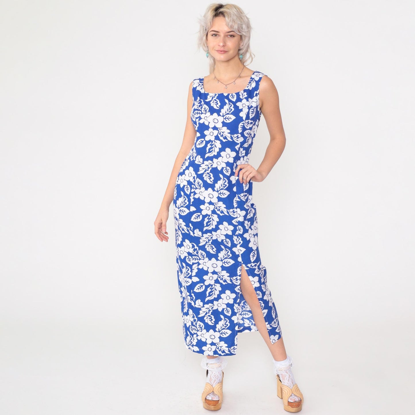 90s Blue Floral Sleeveless Sundress Ankle Length Front Slit Small