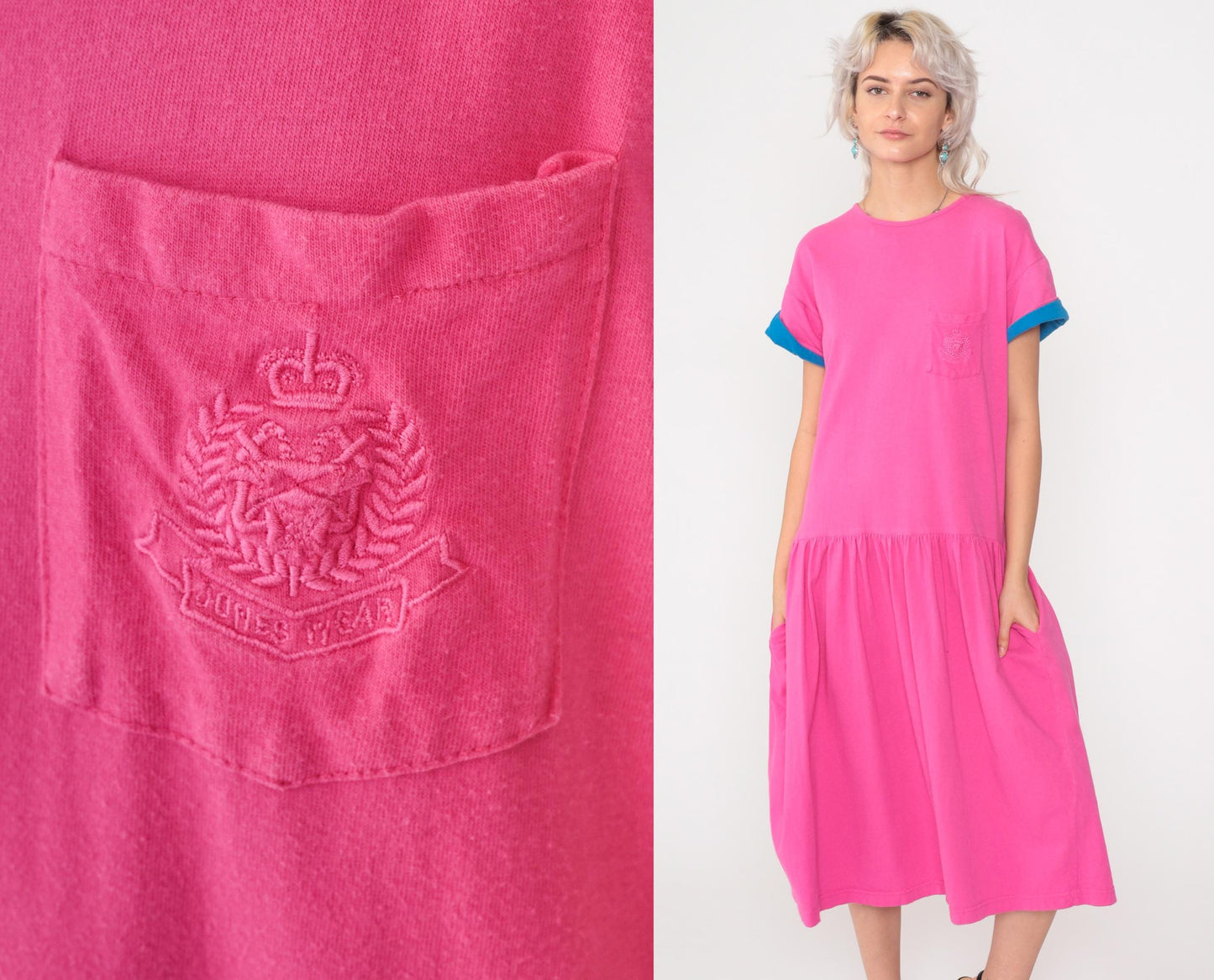 90s Jones Wear Fuchsia T-Shirt Dress Cotton Chest Pocket Drop Waist Midi Medium