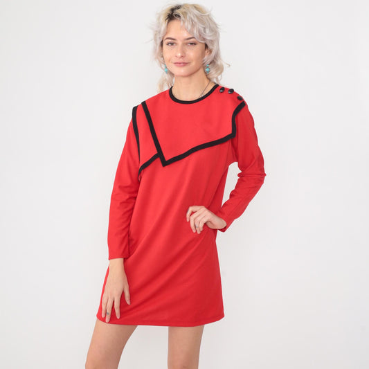 80s Leslie Fay Red Mini Dress Asymmetrical Sailor Collar Long Sleeve Medium