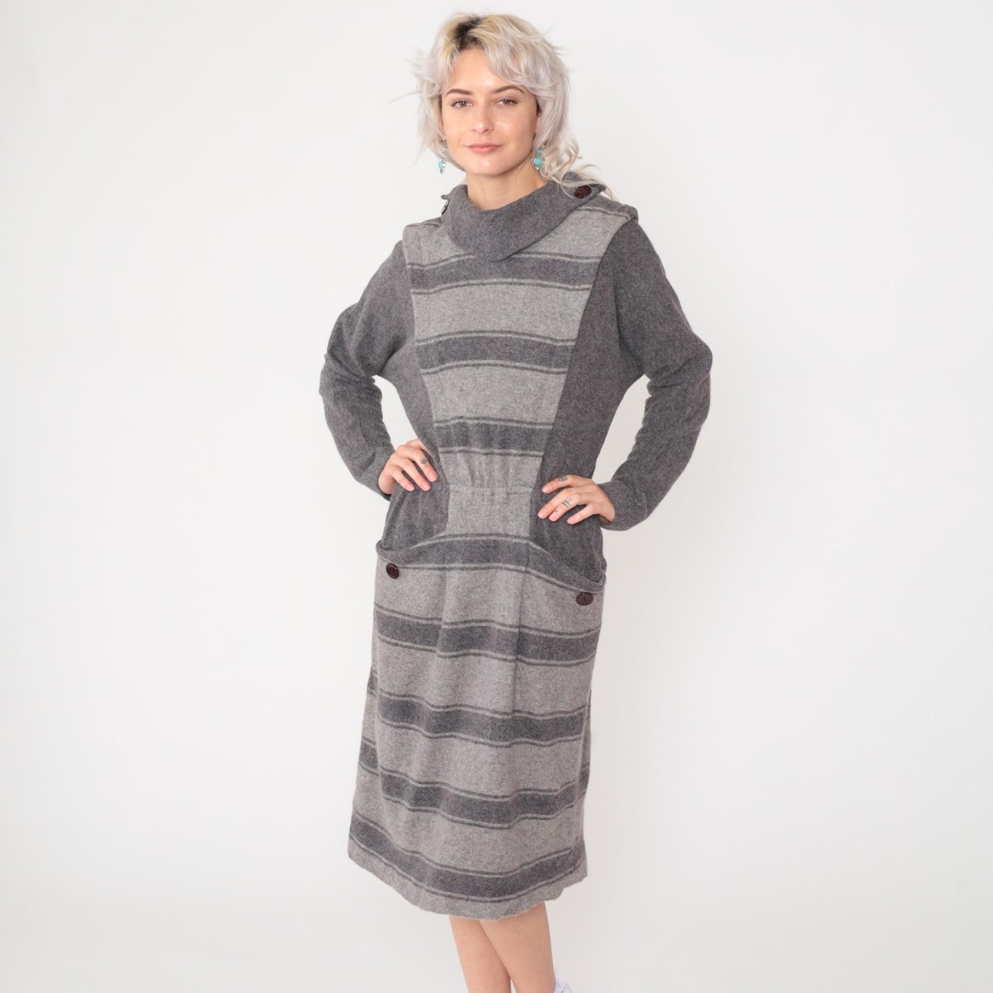 80s Grey Striped Wool Midi Dress Mock Neck Elastic Waist Pockets Small