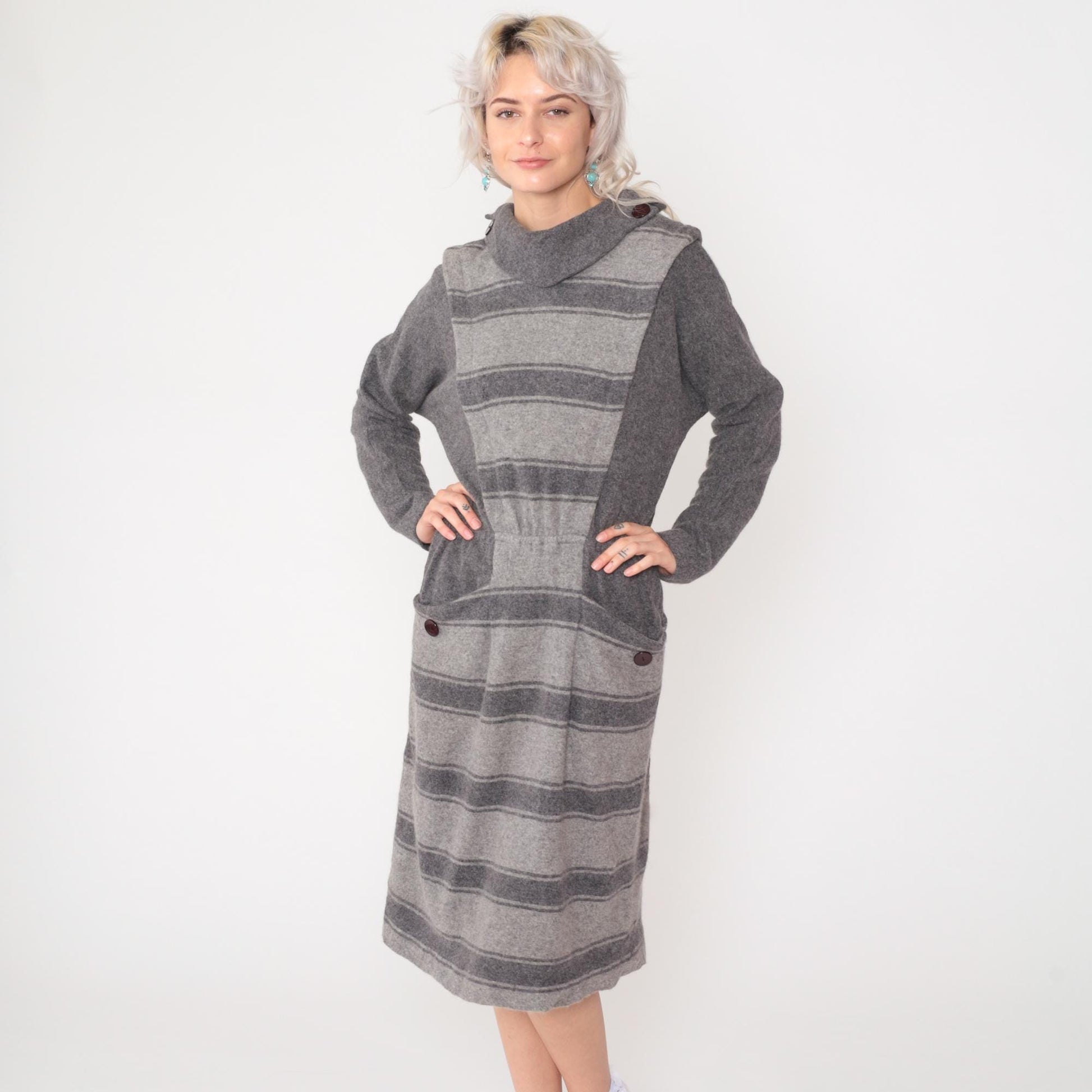 80s Grey Striped Wool Midi Dress Mock Neck Elastic Waist Pockets Small