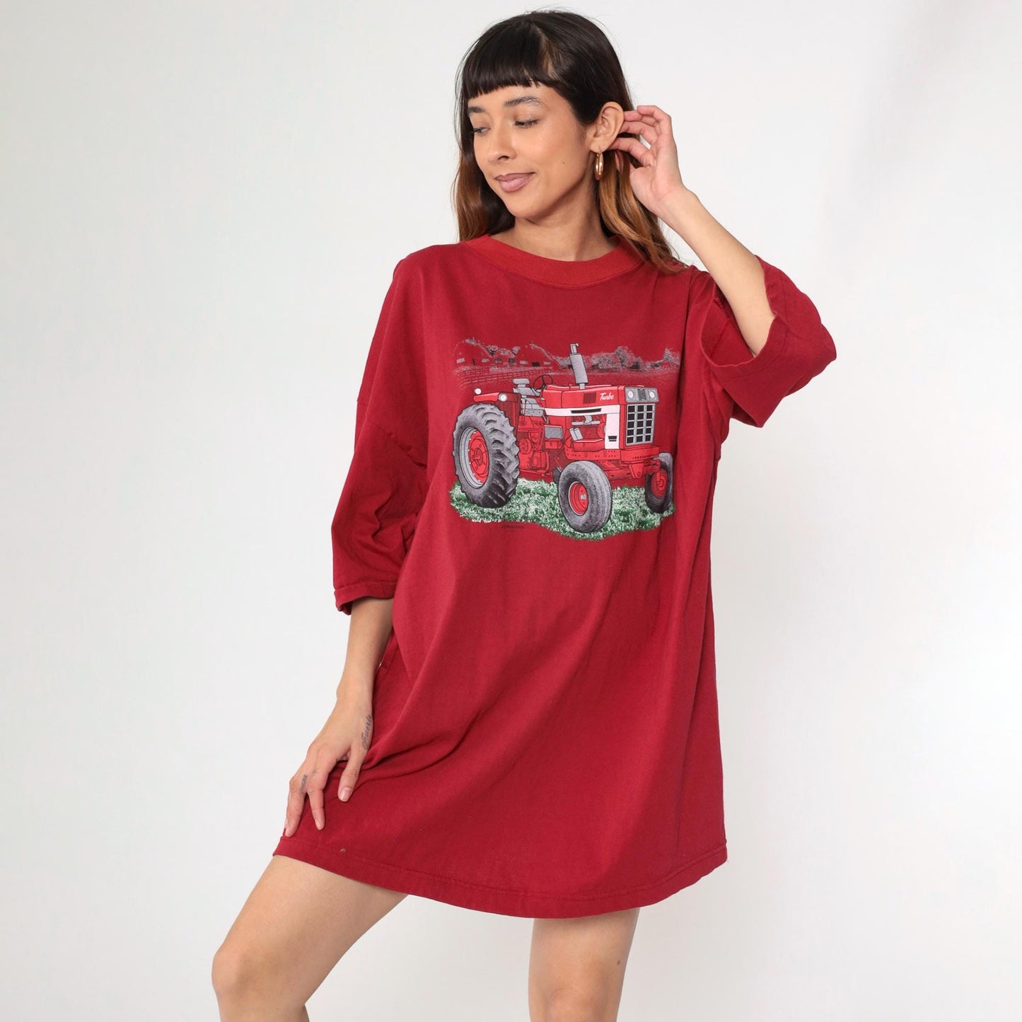 90s Red Tractor Farm Graphic T-Shirt Dress Cotton Crewneck Plus Size XXL