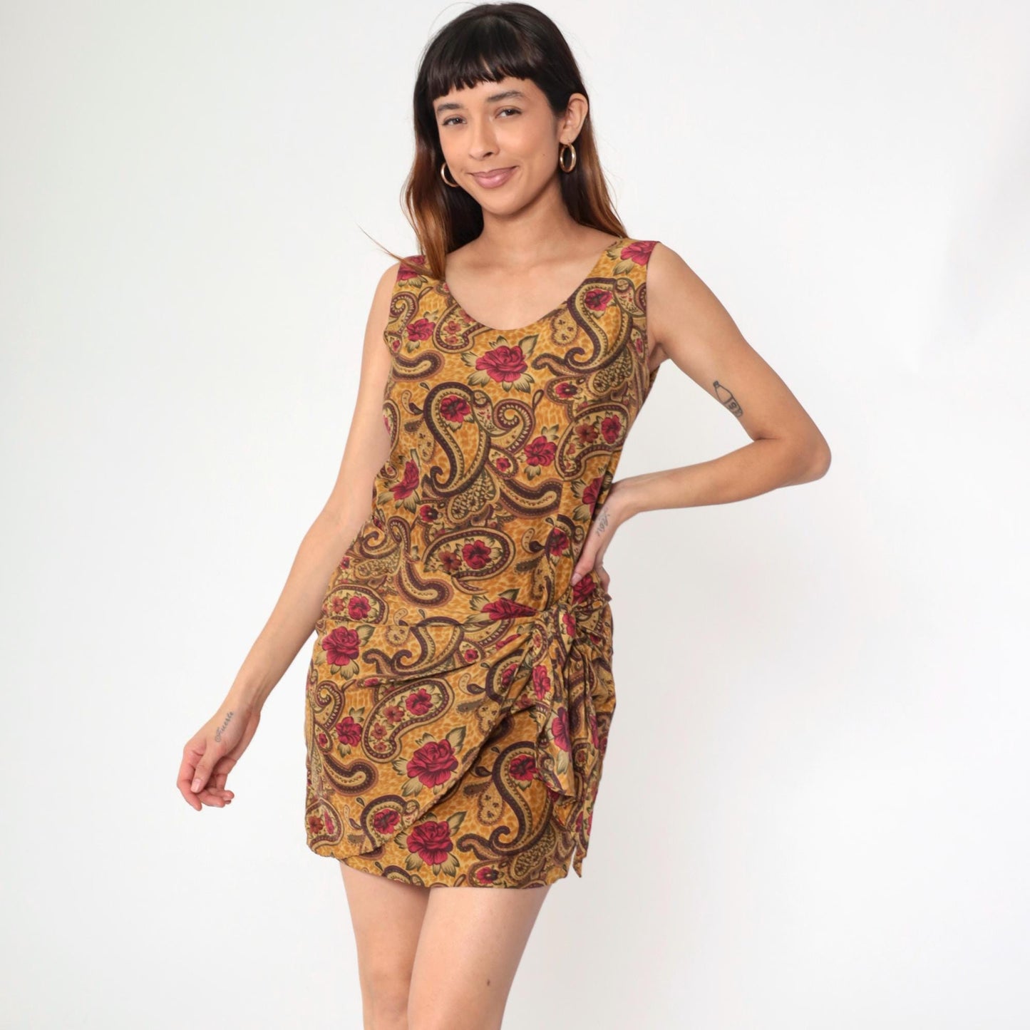 90s Forenza Silk Mini Dress Gold Floral Paisley Wrap Waist Sleeveless Medium