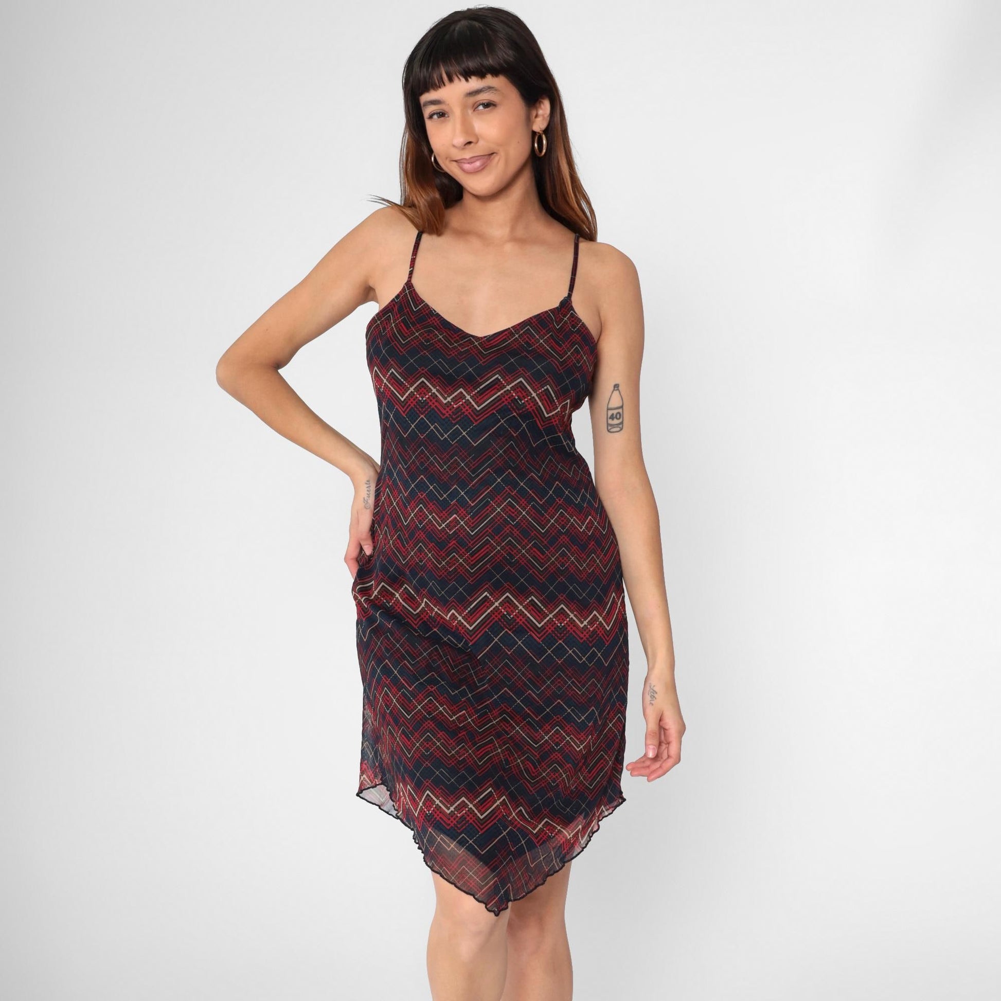Y2K Xhiliration Zig Zag Striped Mesh Mini Dress Sweetheart Hanky Hem Large L