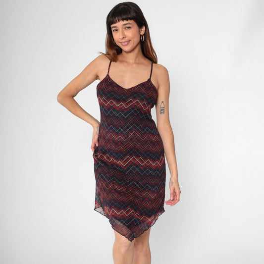 Y2K Xhiliration Zig Zag Striped Mesh Mini Dress Sweetheart Hanky Hem Large L