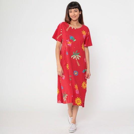 90s Coconut Bay Fish Print Midi Dress Red Tropical Shift Medium