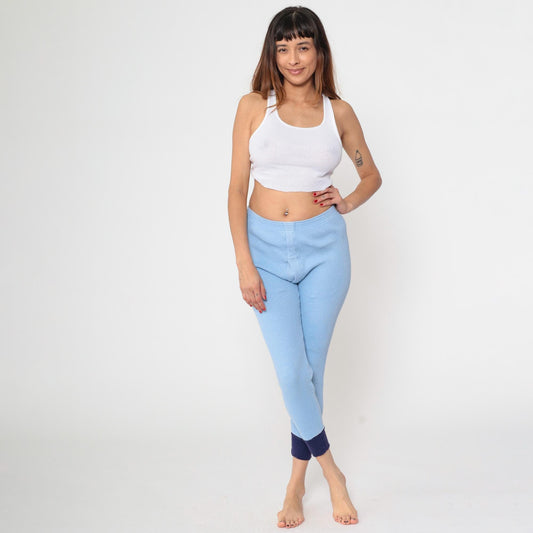 80s Baby Blue Waffle Knit Thermal Pants Long Johns Small Medium