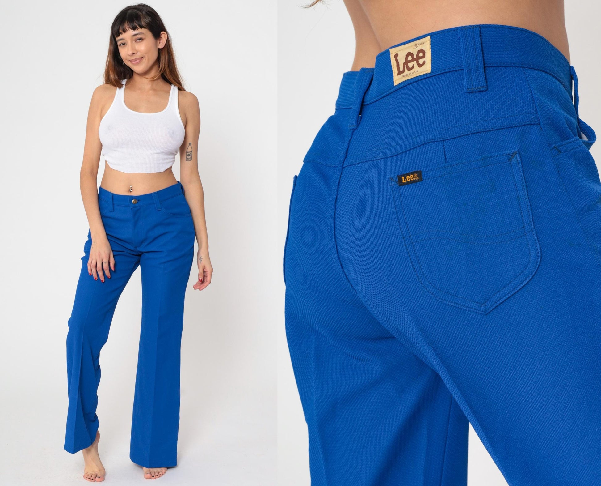 70s Lee Royal Blue Flared Pants High Rise Bell Bottom Trousers Men's 32