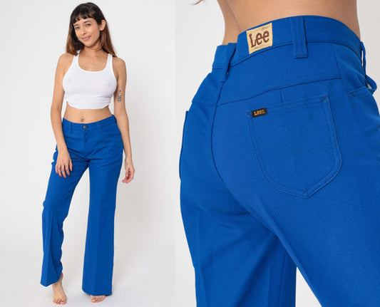 70s Lee Royal Blue Flared Pants High Rise Bell Bottom Trousers Men's 32