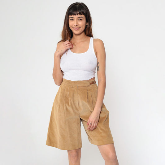 80s The Villagers Tan Corduroy Pleated High-Waist Shorts Small