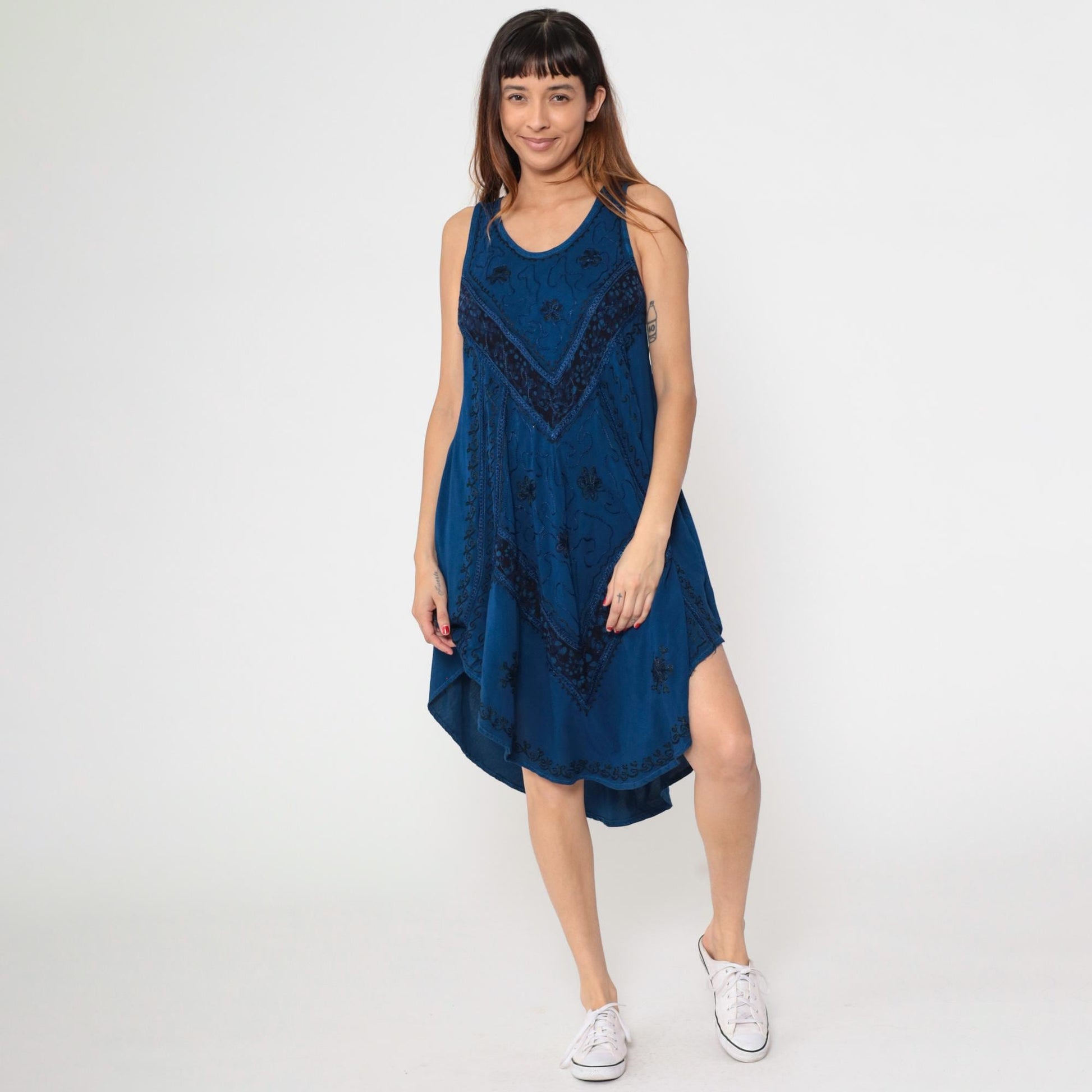 Y2K Dark Blue Embroidered Sundress Asymmetrical Hem Trapeze Cut Medium M