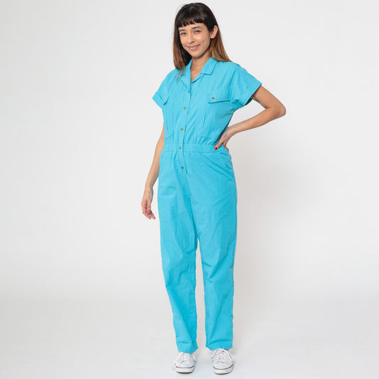 80s Turquoise Jumpsuit Snap Button High Waist Tapered Leg Small S
