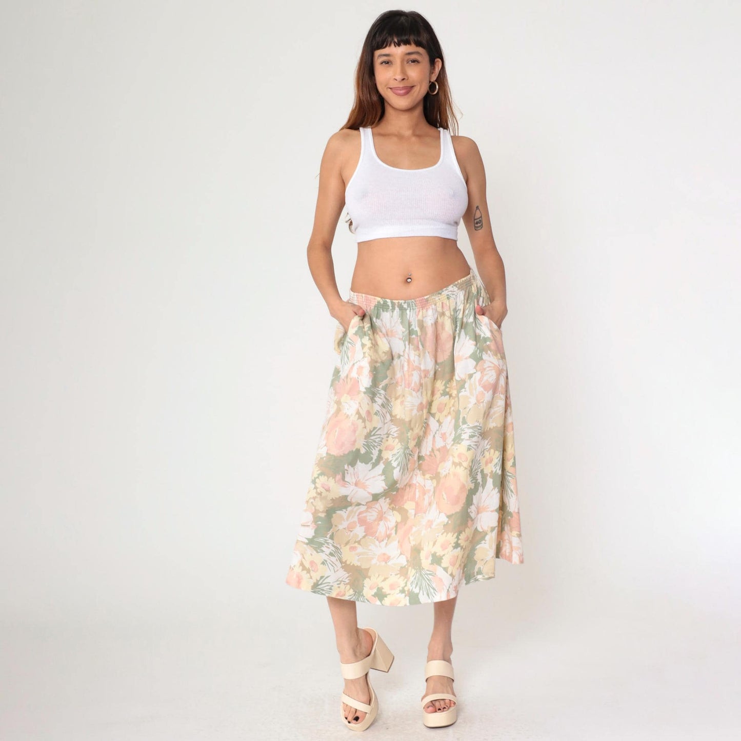 90s Alfred Dunner Floral Midi Skirt Pastel Print High Waist Pockets Large
