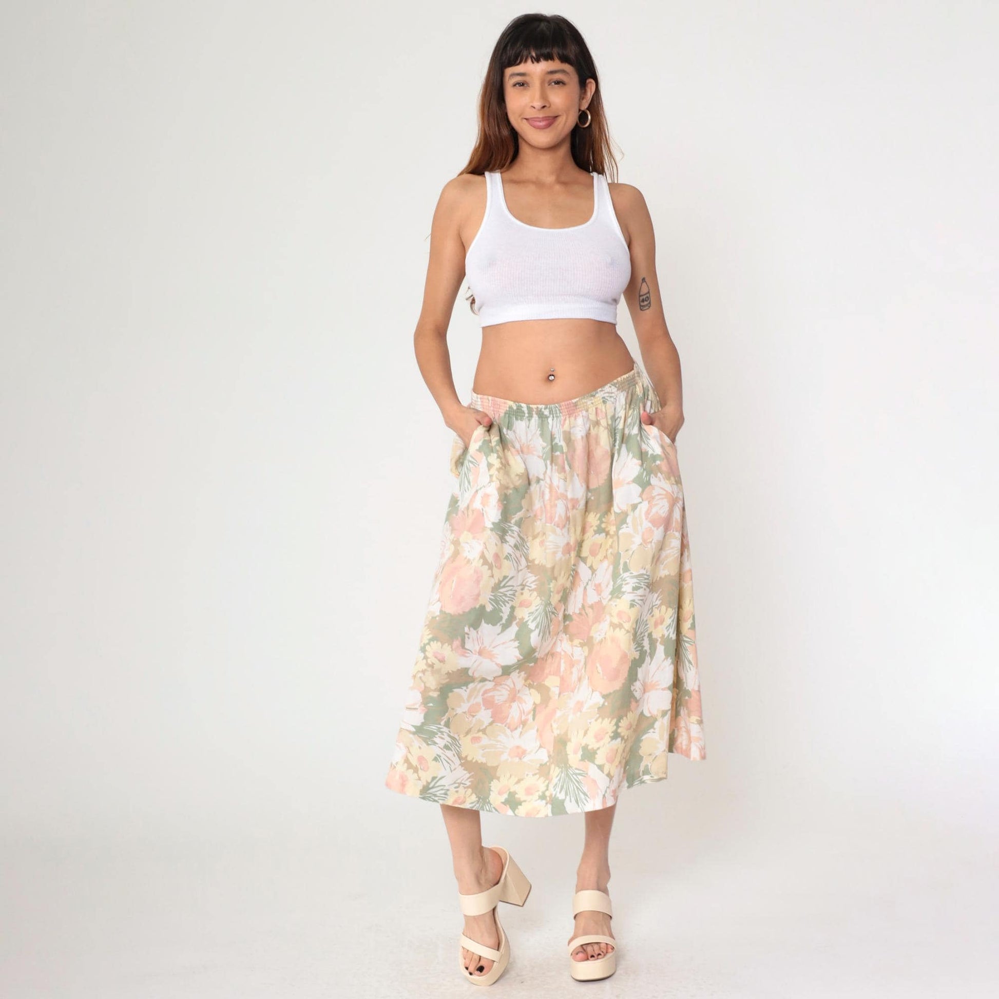 90s Alfred Dunner Floral Midi Skirt Pastel Print High Waist Pockets Large