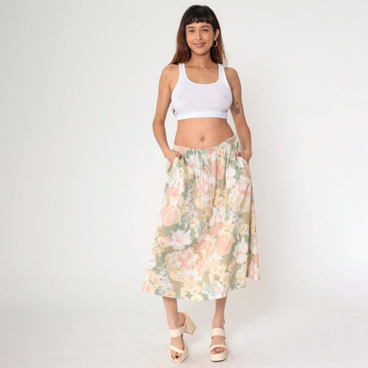 90s Alfred Dunner Floral Midi Skirt Pastel Print High Waist Pockets Large