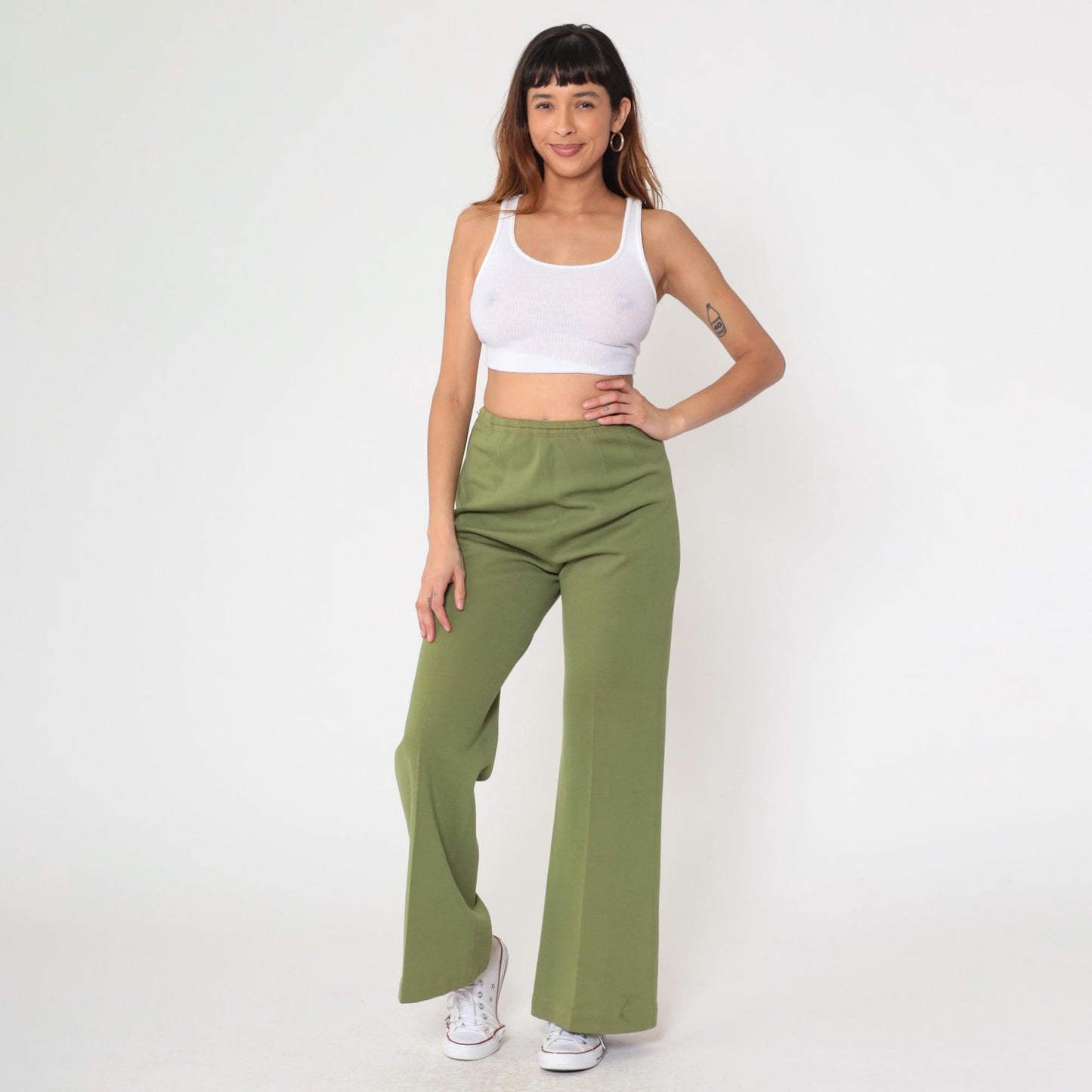 60s Zephyr Wool Flared Trousers Green High Rise Side Zip Small