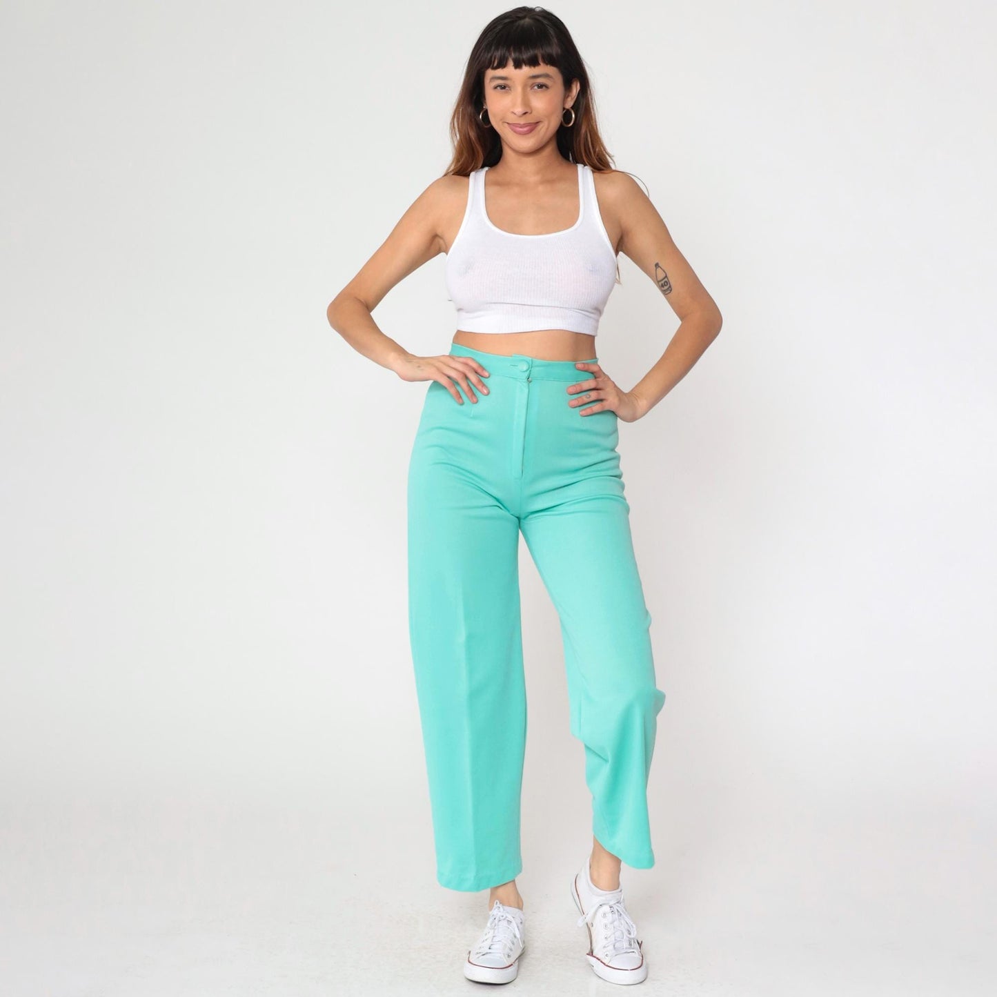70s Aqua High-Rise Tapered Trousers Slim Fit Creased Small