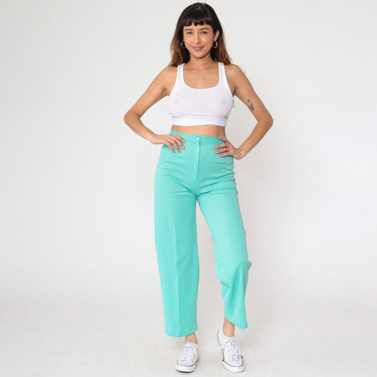 70s Aqua High-Rise Tapered Trousers Slim Fit Creased Small