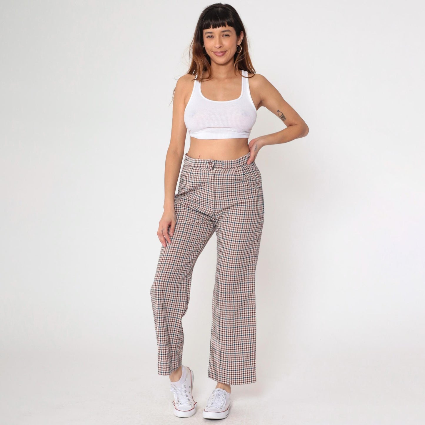 70s Houndstooth Flared Trousers Burgundy Navy High Waisted Bell Bottoms Medium