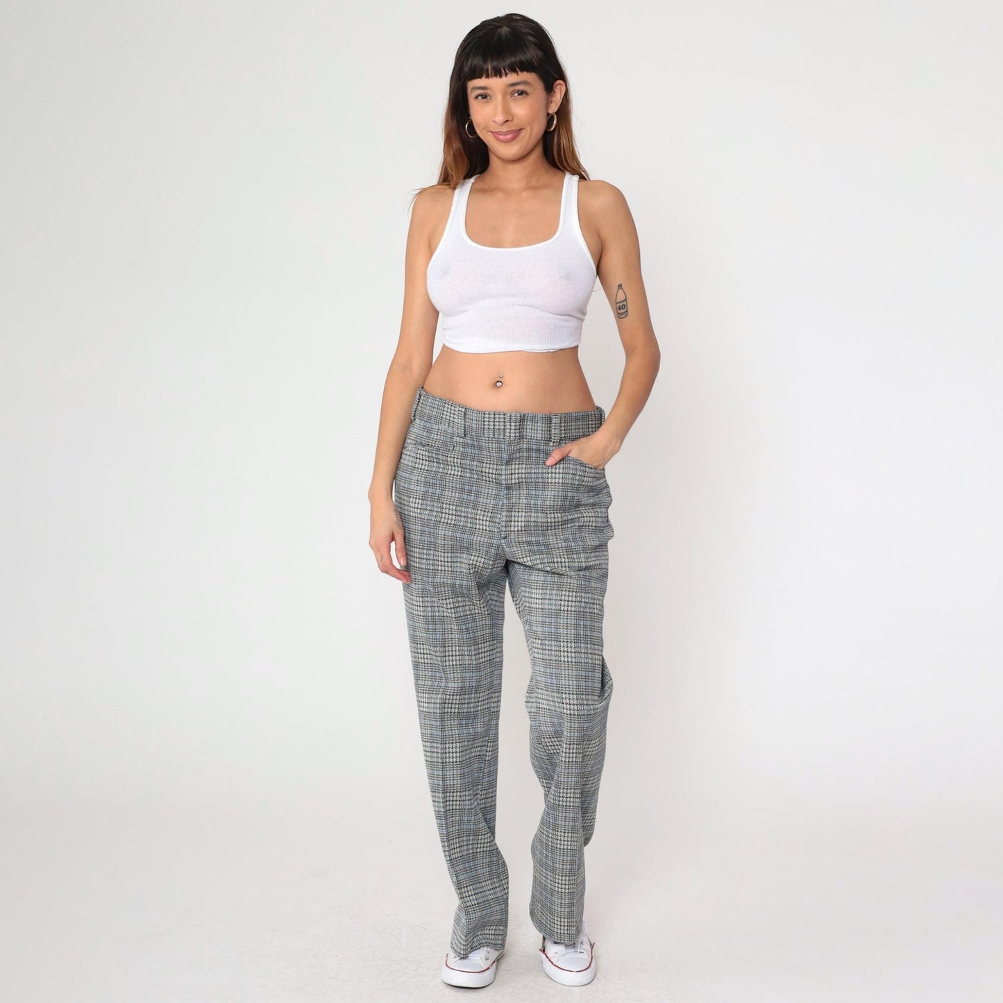 70s Navy Plaid Bell Bottom Trousers High Waisted Flared Pants Large 36