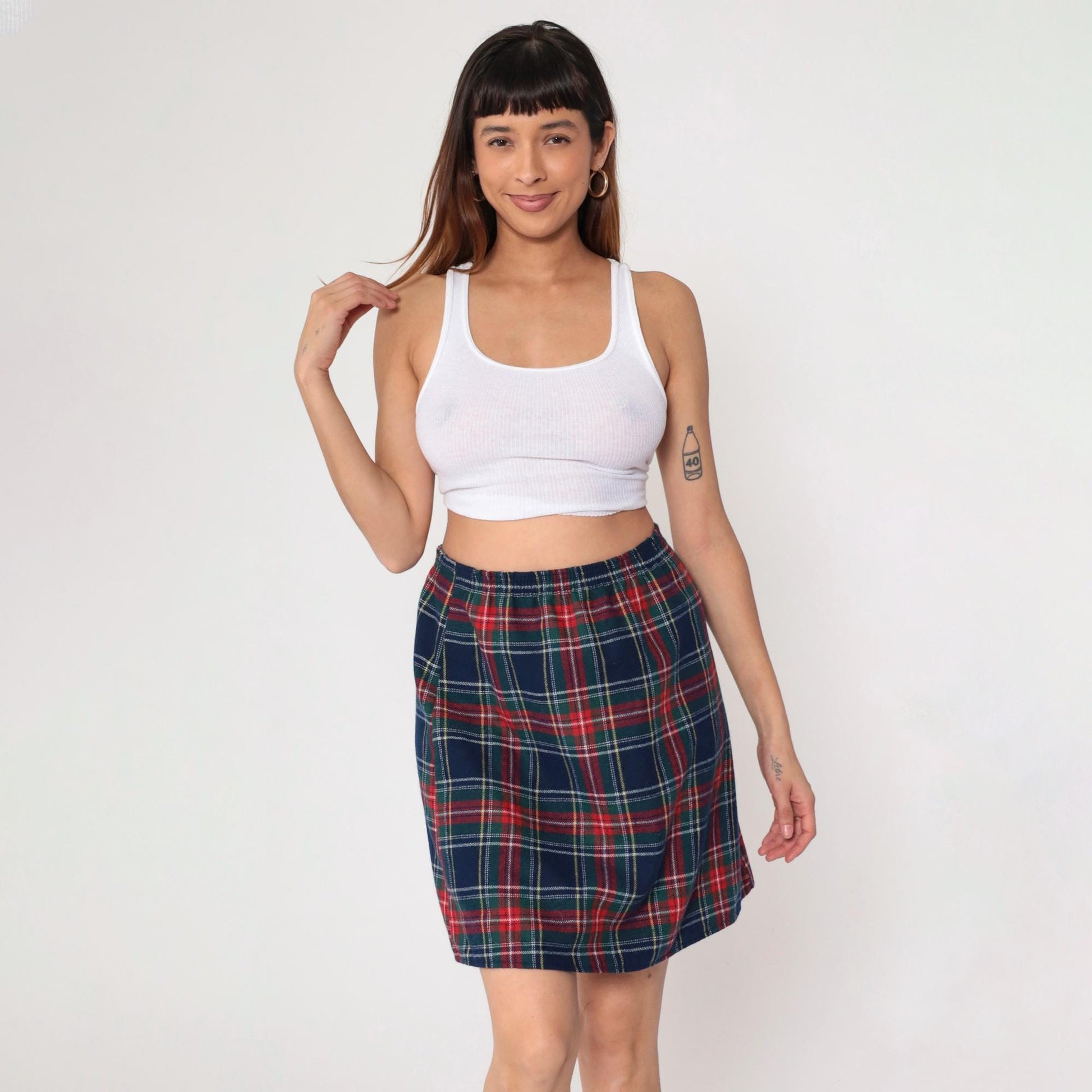 80s Plaid Mini Skirt Navy Red Green Elastic Waist Straight Pencil Medium