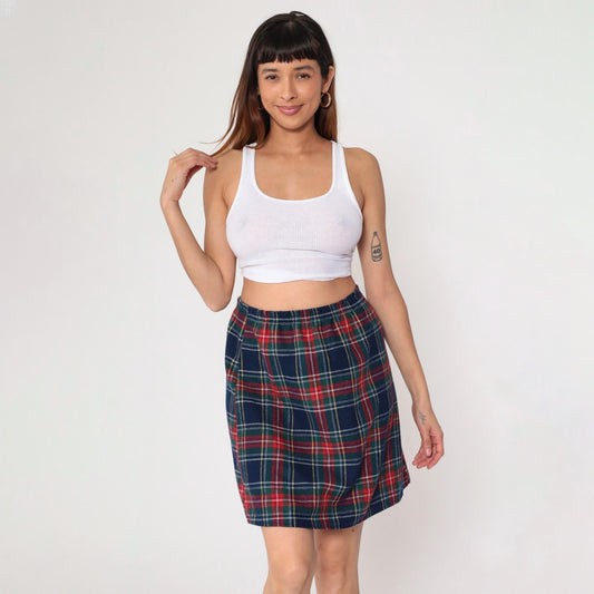 80s Plaid Mini Skirt Navy Red Green Elastic Waist Straight Pencil Medium