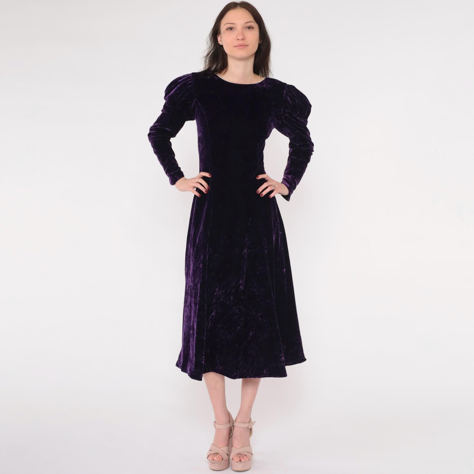 80s Purple Velvet Midi Dress Puff Sleeve A-Line Rhinestone V-Back Extra Small