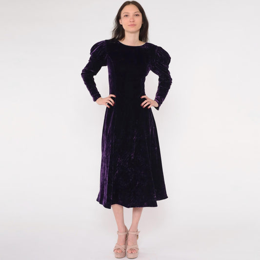 80s Purple Velvet Midi Dress Puff Sleeve A-Line Rhinestone V-Back Extra Small