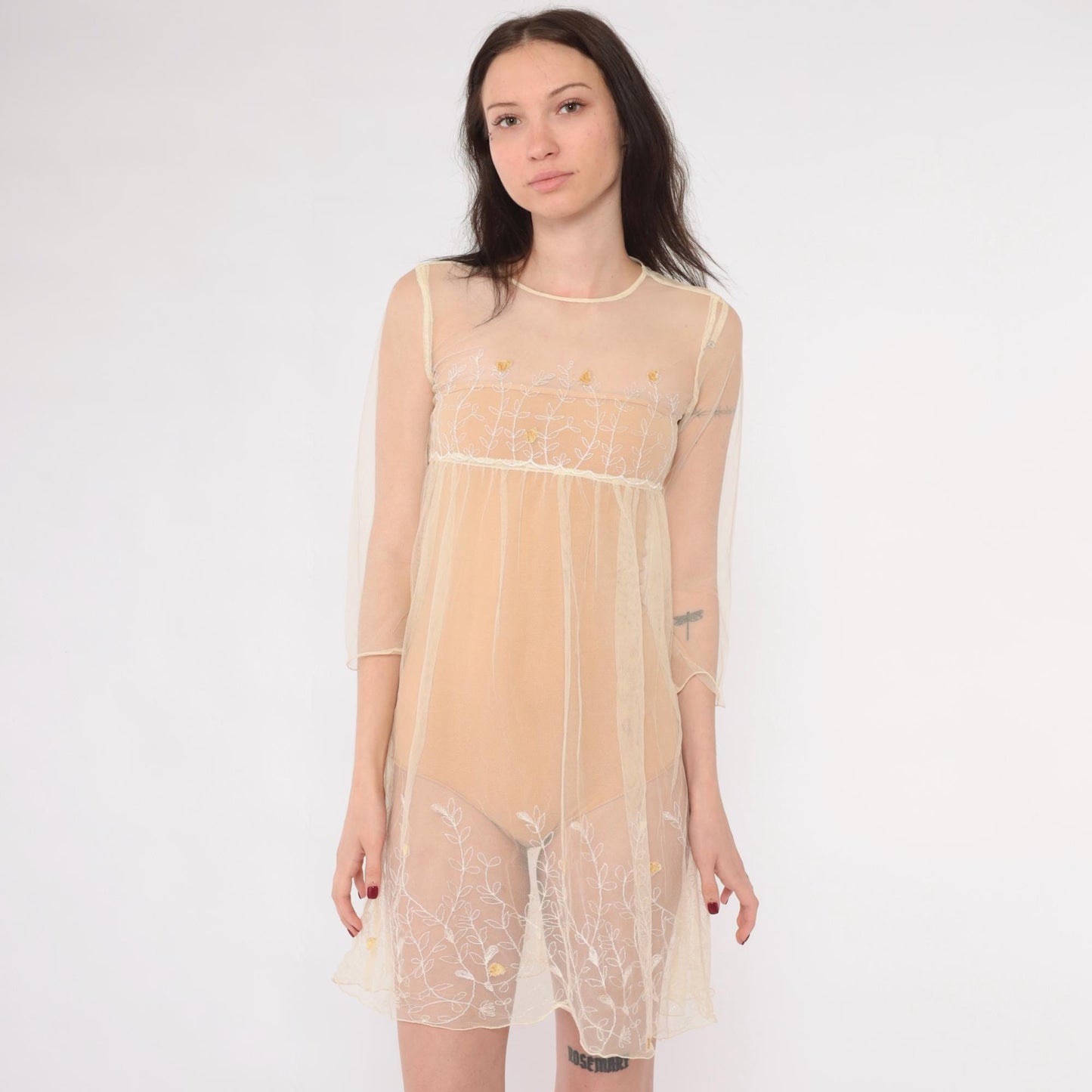 Y2K Cream Embroidered Mesh Mini Dress Empire Waist Long Sleeve Extra Small XS