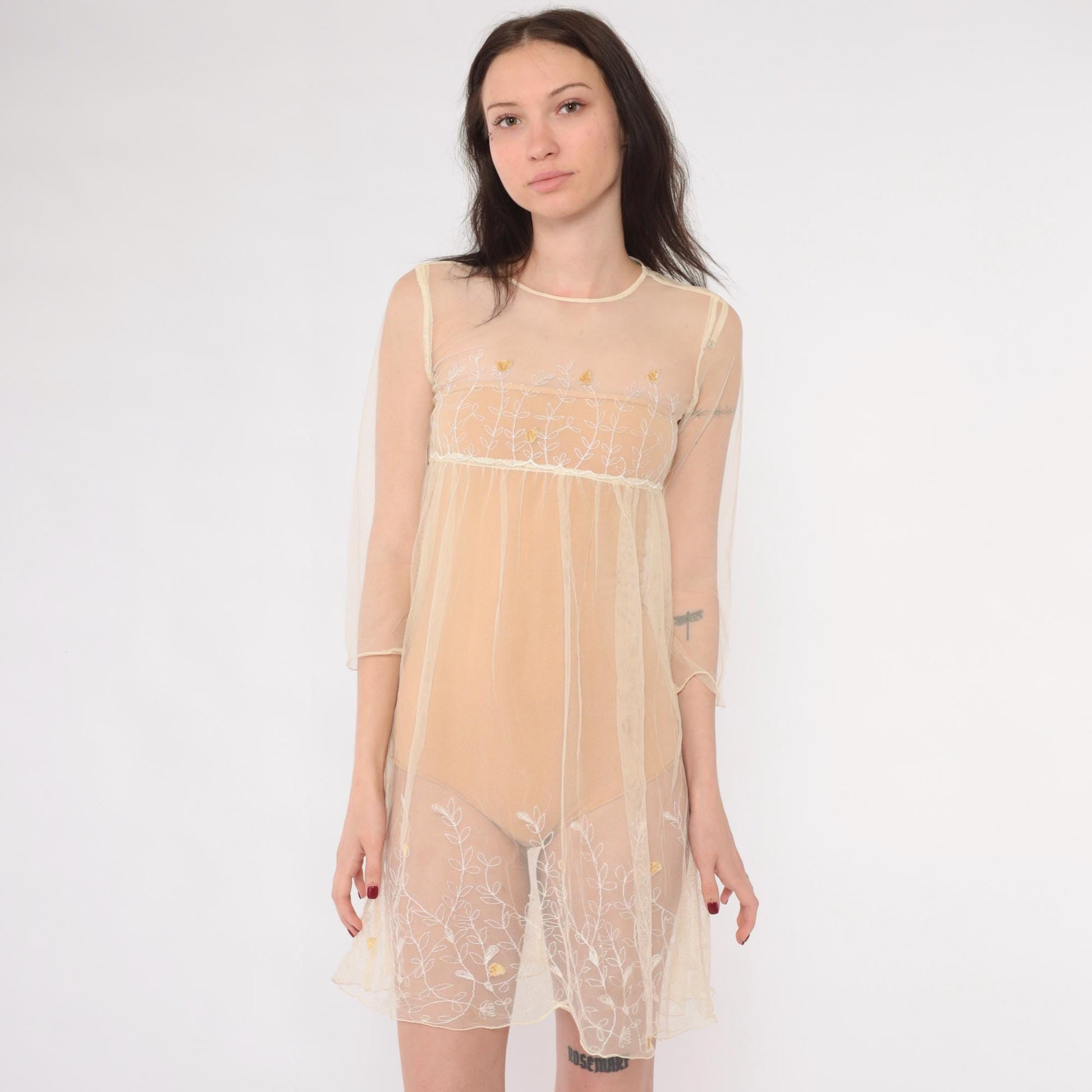 Y2K Cream Embroidered Mesh Mini Dress Empire Waist Long Sleeve Extra Small XS