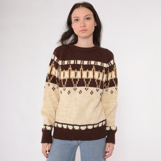 80s Nordic Geometric Knit Sweater Brown Cream Marled Pullover Medium