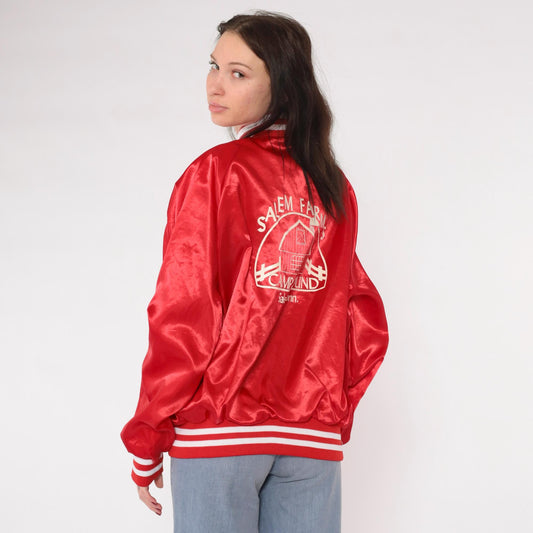 80s Red Satin Bomber Jacket Salem Farms Campground Connecticut Graphic Men's Large