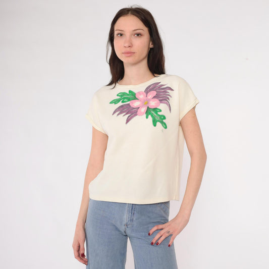 80s Cream Floral Hand Painted Cap Sleeve T-Shirt Pink Purple Graphic Medium