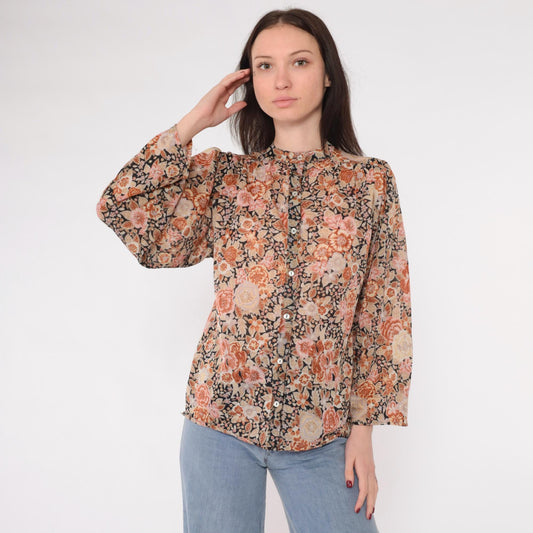 70s Floral Puff Sleeve Button-Up Blouse Burnt Orange Pink Medium M