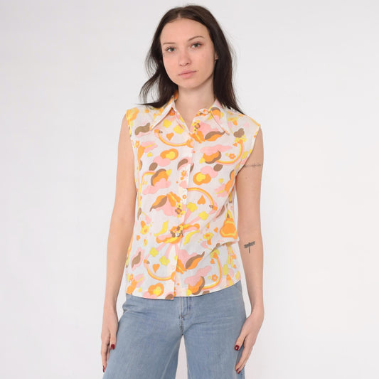 70s Rainbow Heart Floral Butterfly Sleeveless Blouse Dagger Collar White Small