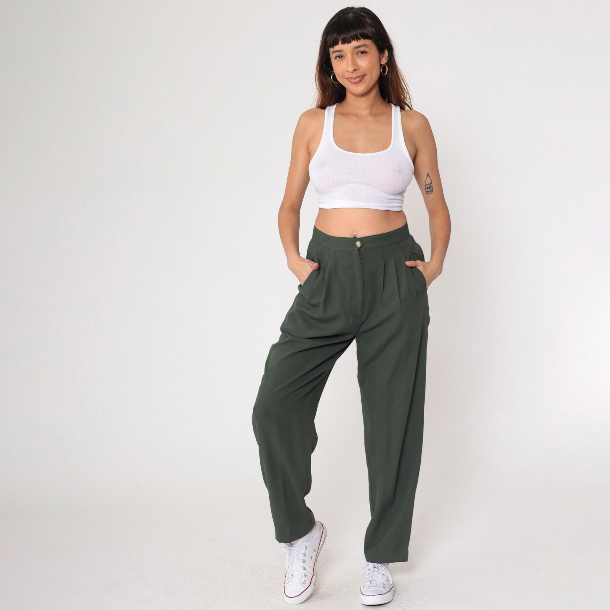 Y2K Dark Green Pleated High-Waist Trousers Straight Leg Medium