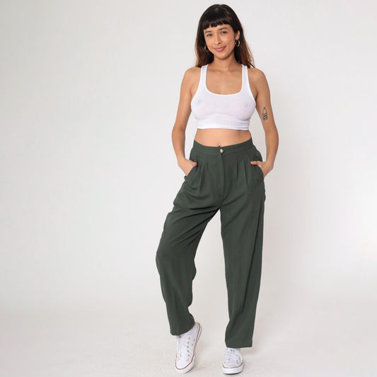 Y2K Dark Green Pleated High-Waist Trousers Straight Leg Medium