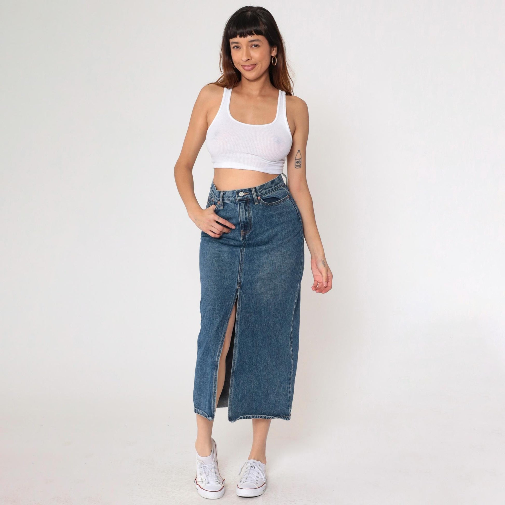 Y2K Gap Denim Midi Skirt High Front Slit Blue Jean Small 4
