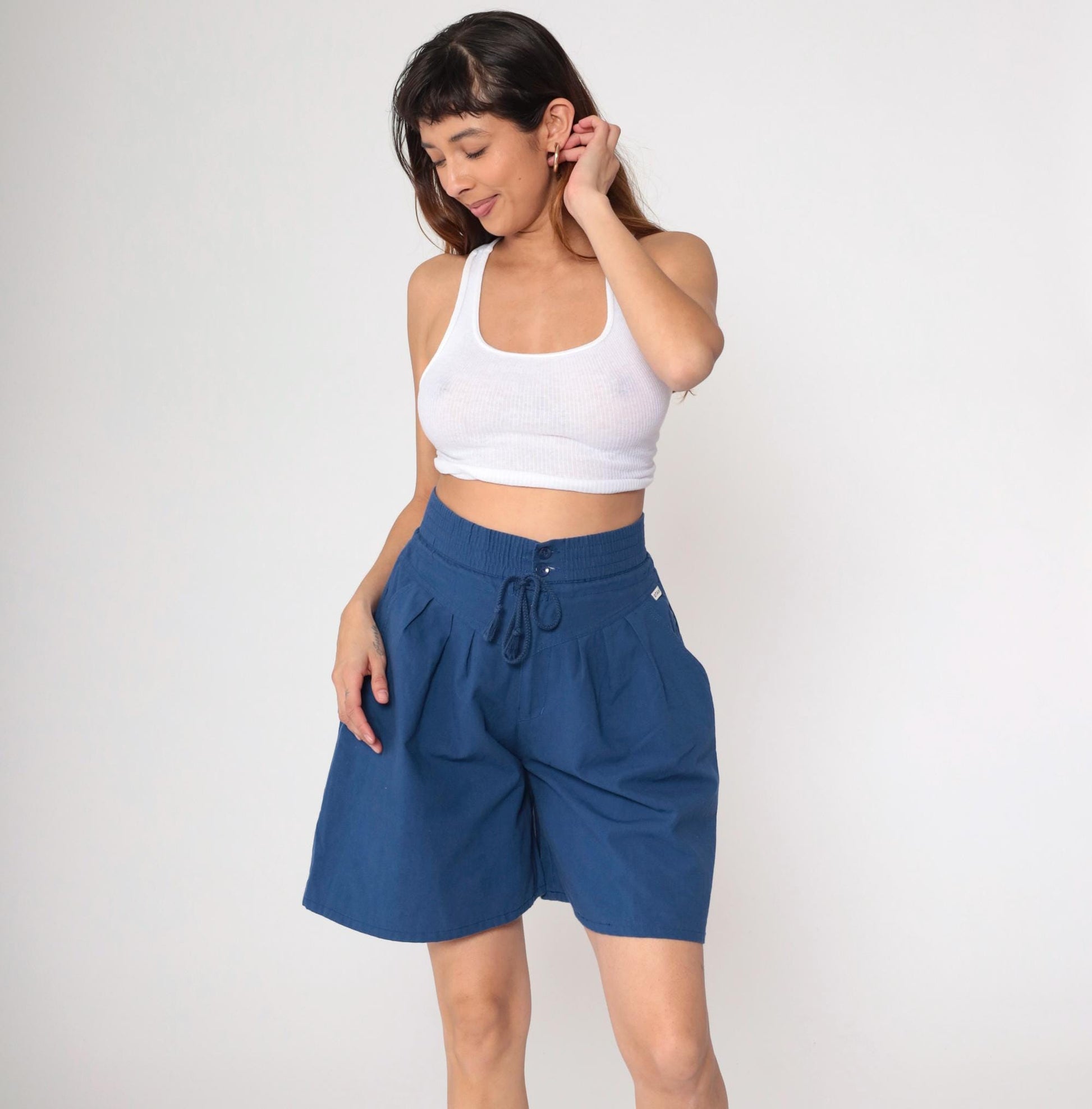 80s Gitano Navy Pleated Shorts High Waist Drawstring Small