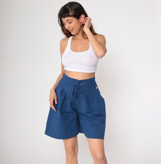 80s Gitano Navy Pleated Shorts High Waist Drawstring Small