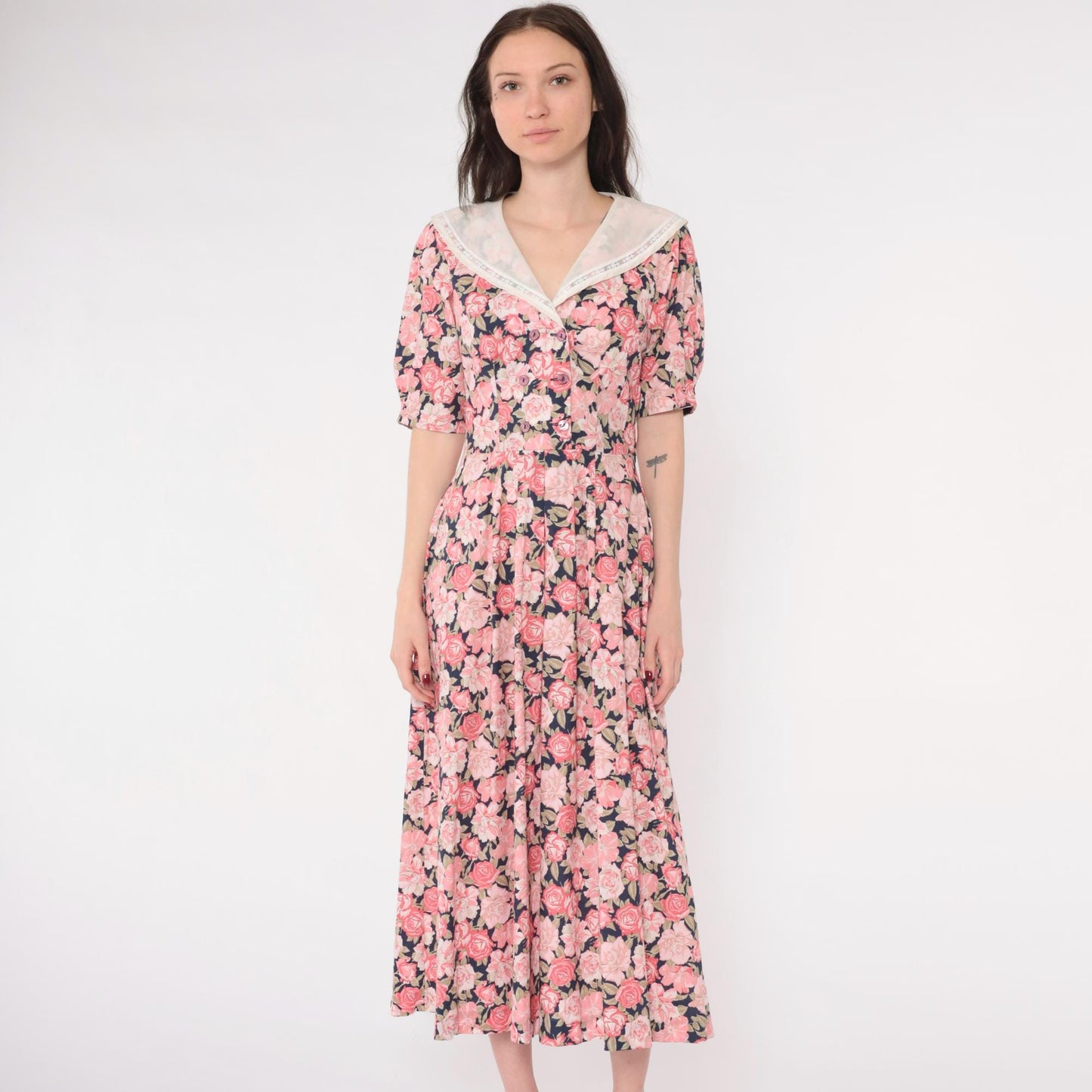80s Laura Ashley Pink Floral Midi Dress Puff Sleeve Double Breasted Small