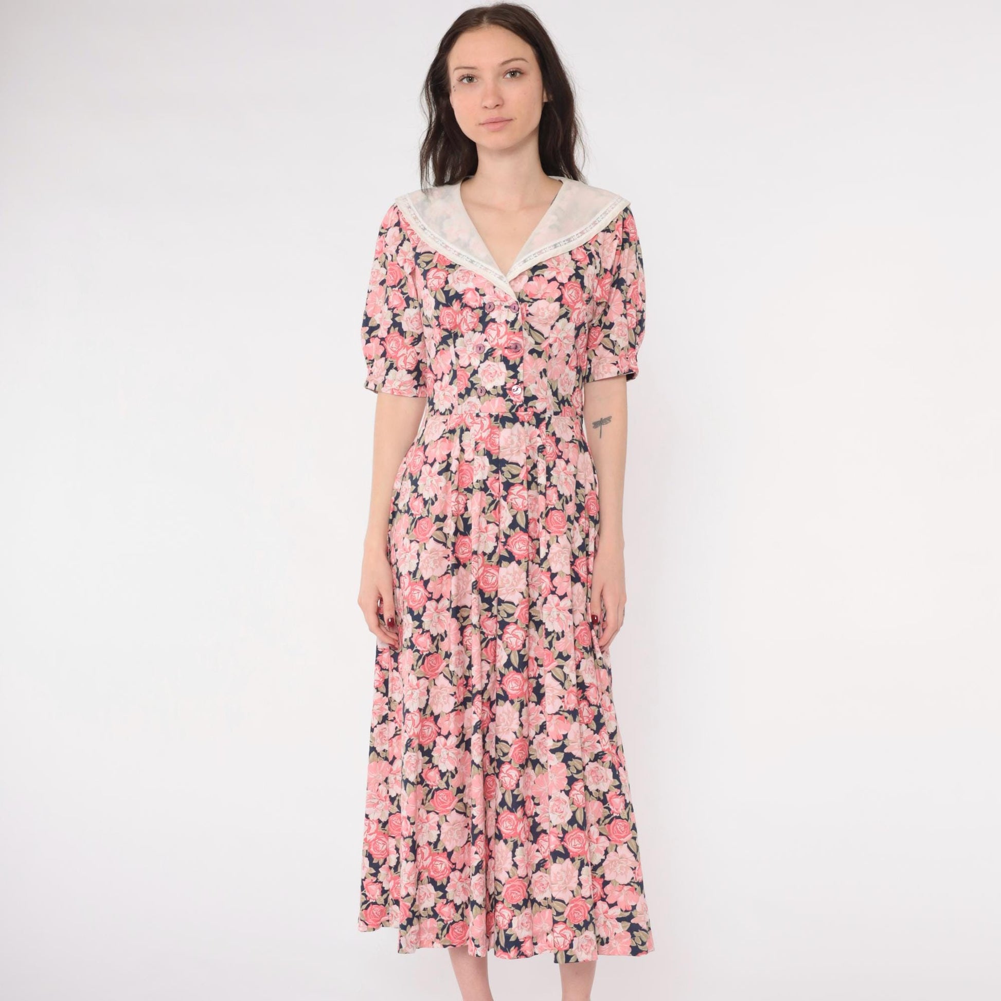 80s Laura Ashley Pink Floral Midi Dress Puff Sleeve Double Breasted Small
