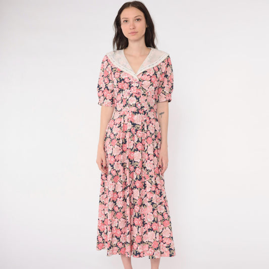 80s Laura Ashley Pink Floral Midi Dress Puff Sleeve Double Breasted Small
