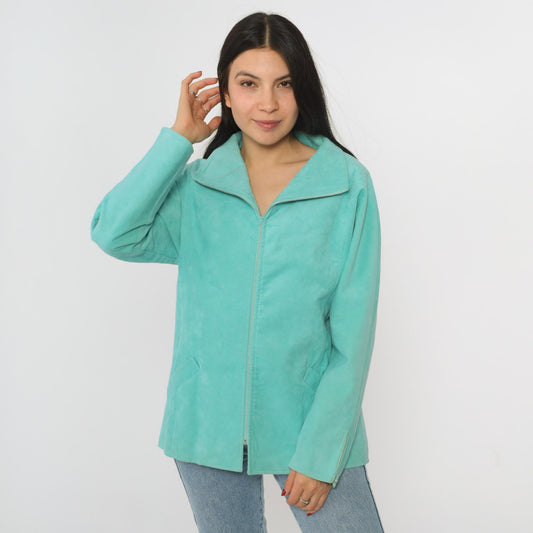 80s Bill Haire Aqua Faux Suede Zip Jacket Small