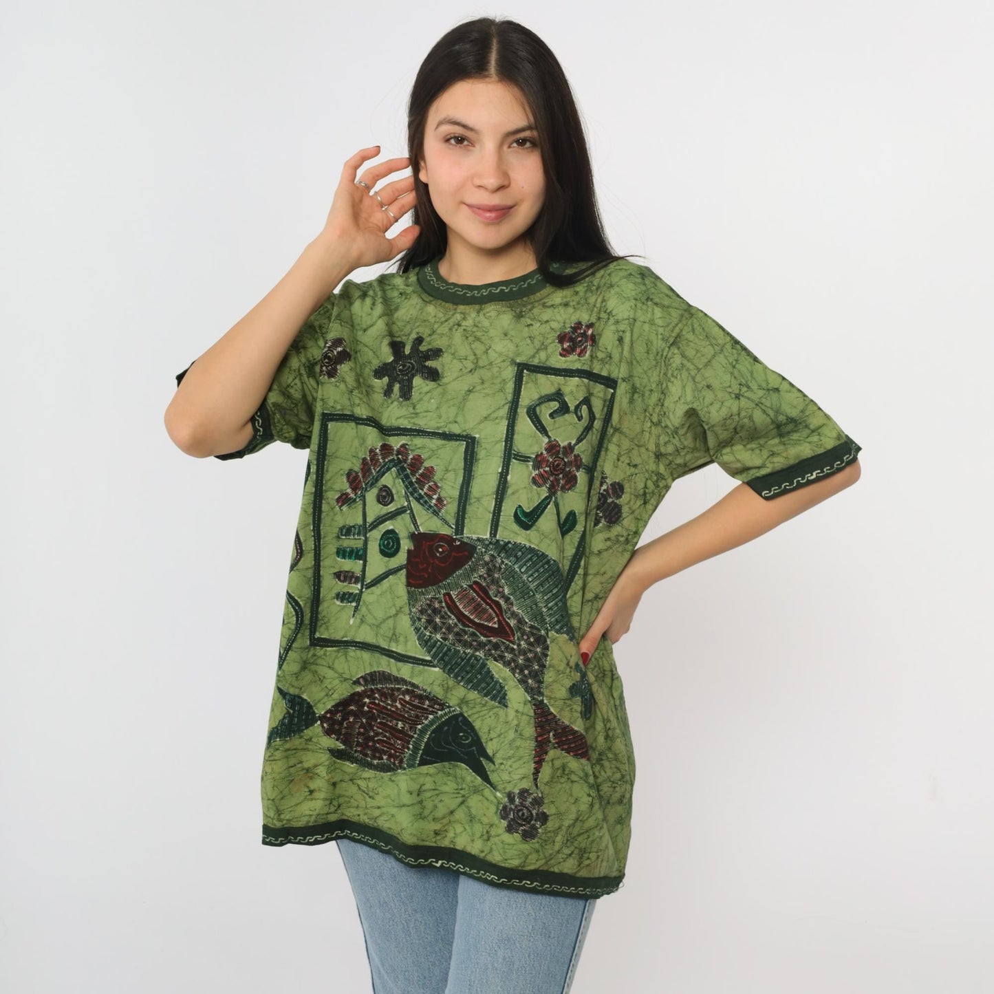Y2K Batik Fish Graphic T-Shirt Green Floral Crewneck Medium Large
