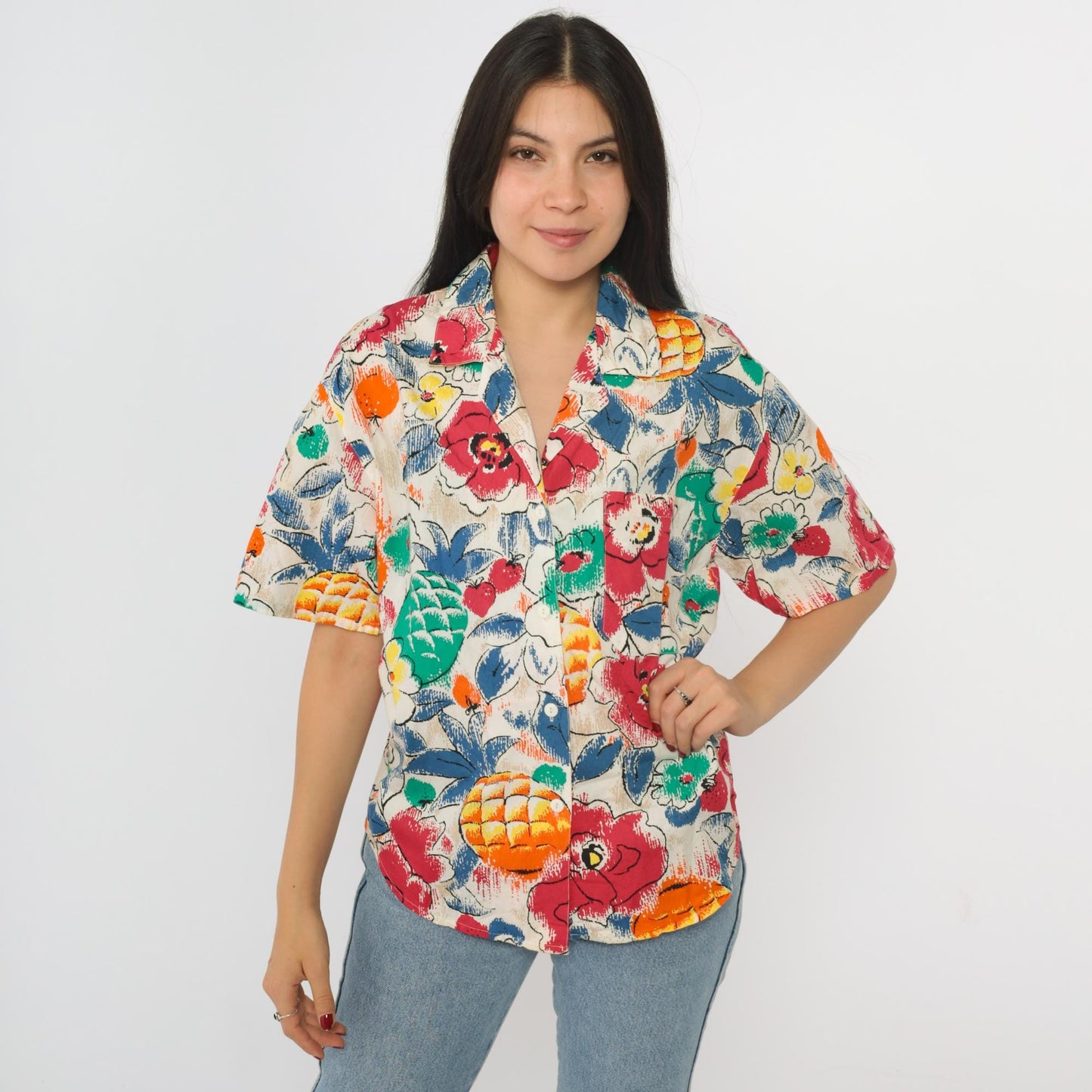 90s Pineapple Floral Print Button Up Blouse Short Sleeve White Red Medium M