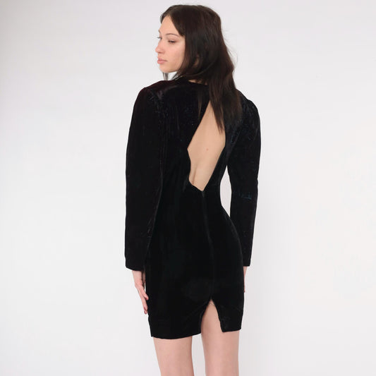 80s Scott McClintock Black Velvet Mini Dress Puff Sleeve Keyhole Back Extra Small